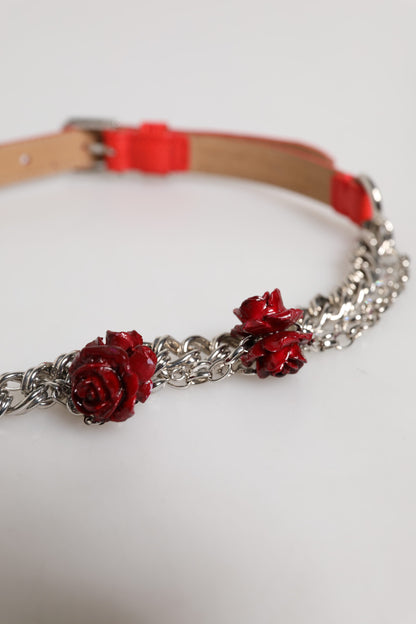 Ceinture Dolce & Gabbana en cuir rouge avec chaîne argentée et motif floral