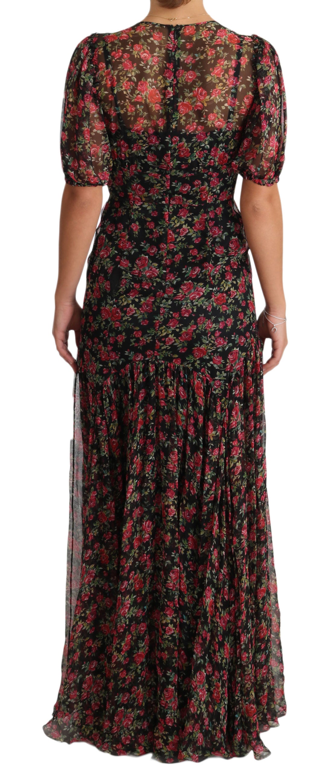 Robe de soirée trapèze Dolce & Gabbana noire à imprimé floral roses