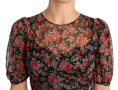 Robe de soirée trapèze Dolce & Gabbana noire à imprimé floral roses
