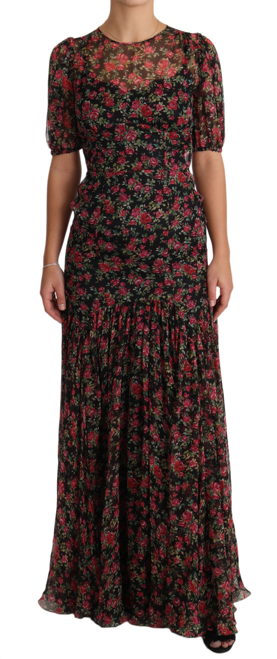 Robe de soirée trapèze Dolce & Gabbana noire à imprimé floral roses