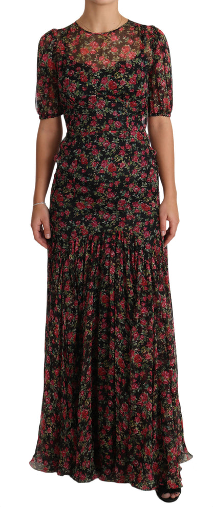 Robe de soirée trapèze Dolce & Gabbana noire à imprimé floral roses