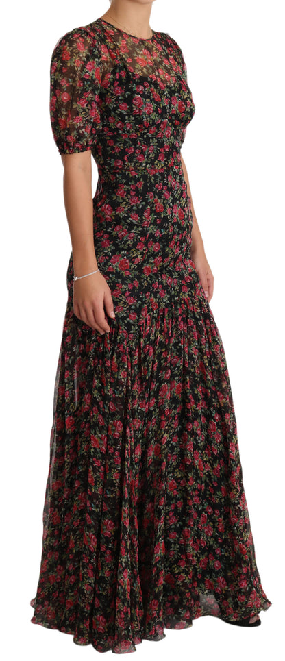 Robe de soirée trapèze Dolce & Gabbana noire à imprimé floral roses