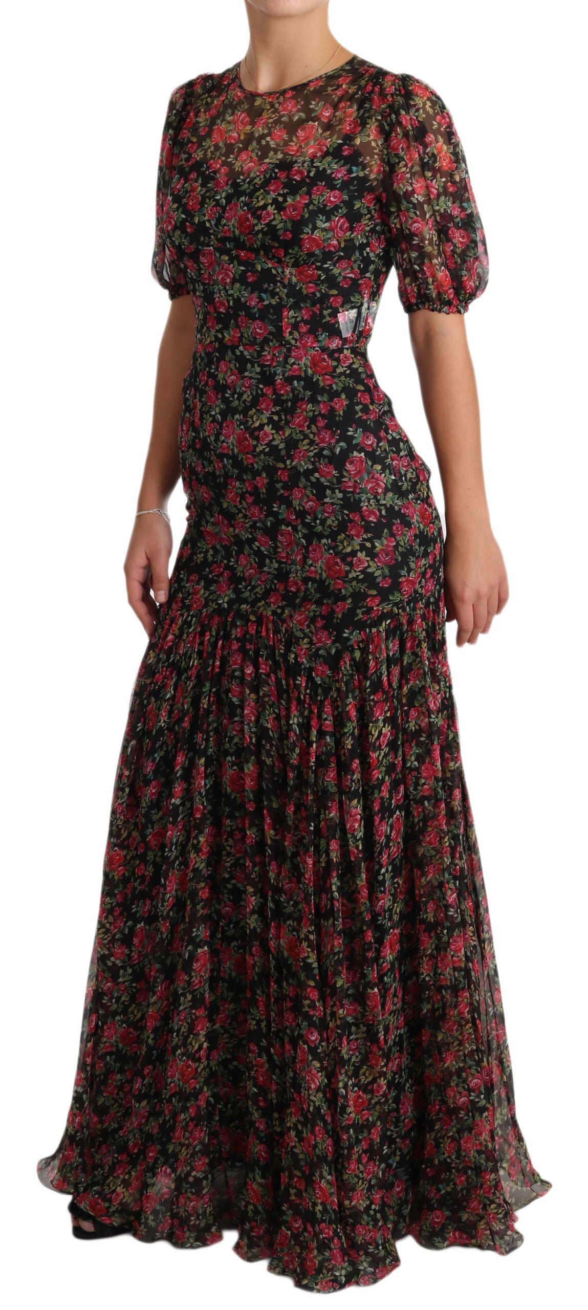 Robe de soirée trapèze Dolce & Gabbana noire à imprimé floral roses