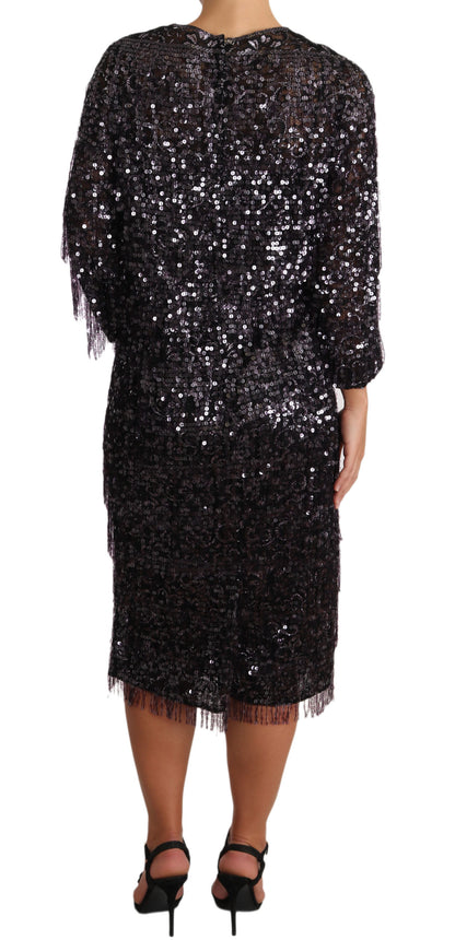 Robe droite midi à manches longues et sequins noirs Dolce & Gabbana
