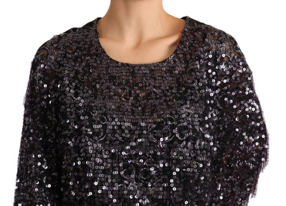 Robe droite midi à manches longues et sequins noirs Dolce & Gabbana