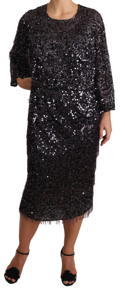 Robe droite midi à manches longues et sequins noirs Dolce & Gabbana