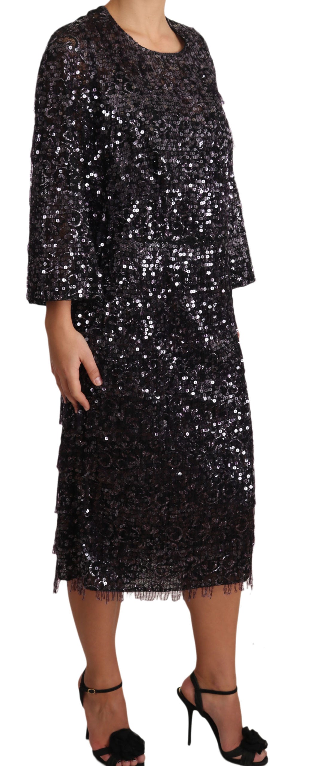 Robe droite midi à manches longues et sequins noirs Dolce & Gabbana