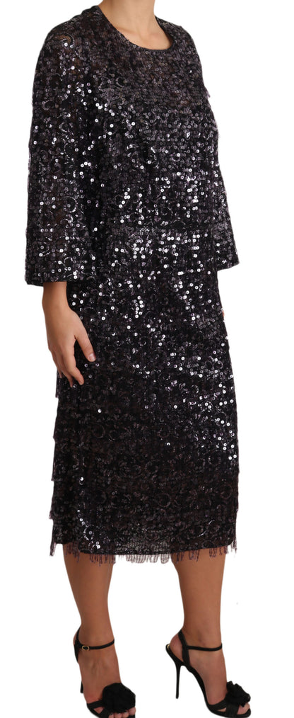 Robe droite midi à manches longues et sequins noirs Dolce & Gabbana