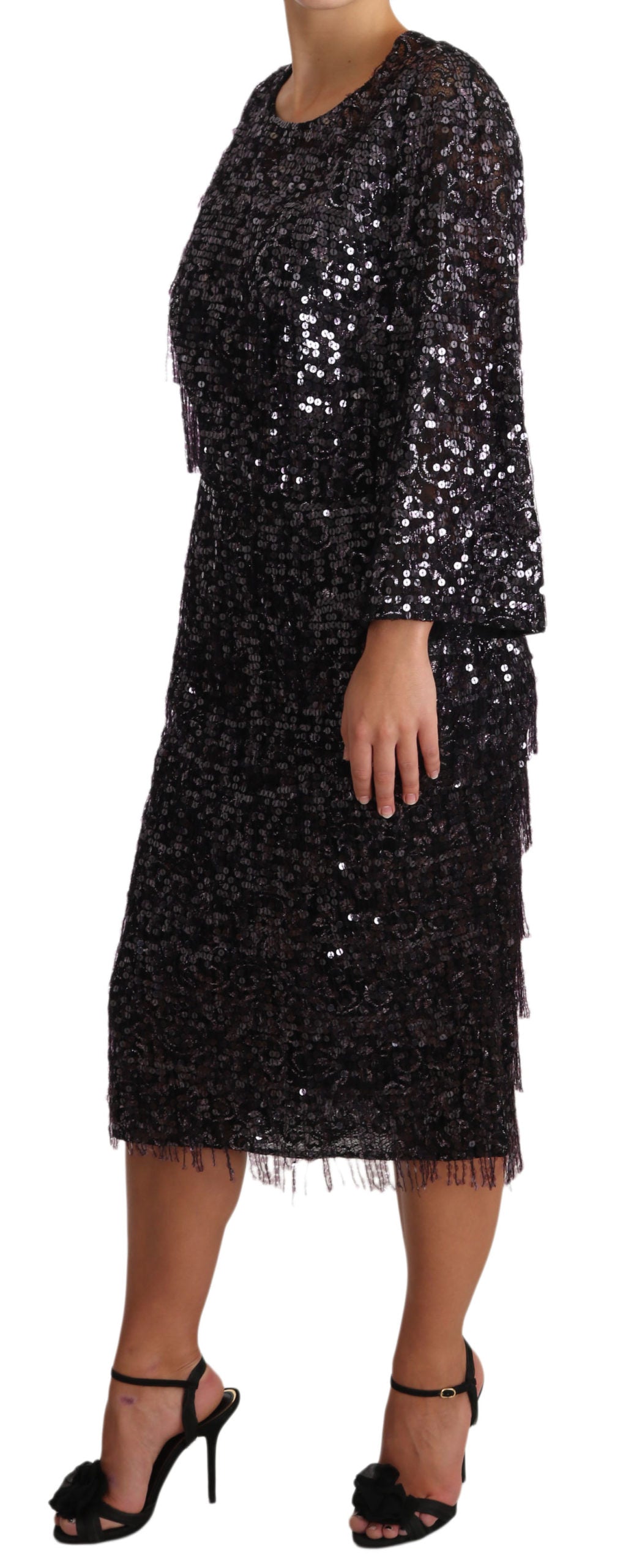 Robe droite midi à manches longues et sequins noirs Dolce & Gabbana