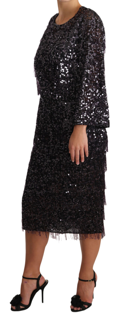 Robe droite midi à manches longues et sequins noirs Dolce & Gabbana