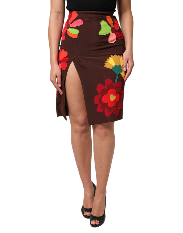Falda Dolce & Gabbana marrón floral de talle alto con abertura lateral
