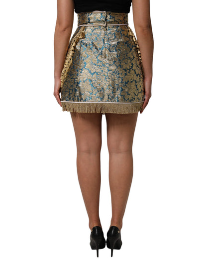Mini-jupe à volants jacquard fleuri bleu Dolce & Gabbana