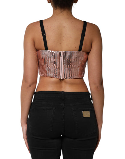 Dolce & Gabbana Pink Sequined Nylon Sleeveless Cropped Top