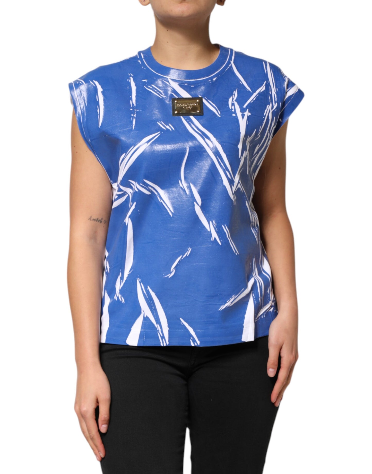Débardeur Dolce & Gabbana en Coton Bleu Blanc avec Plaque Logo pour Femme