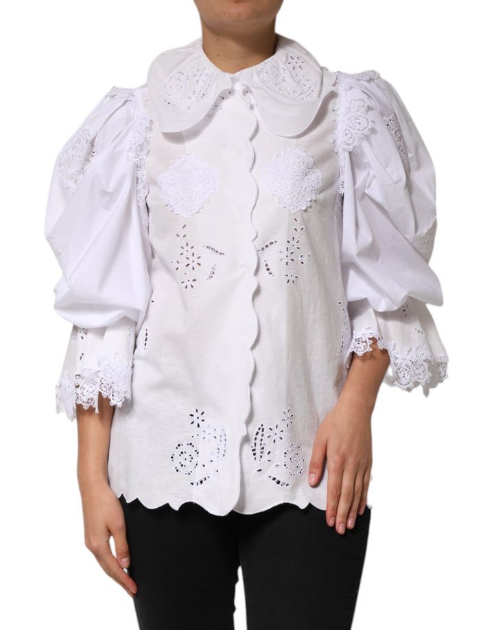 Top blusa con volantes y encaje adornado blanco de Dolce & Gabbana