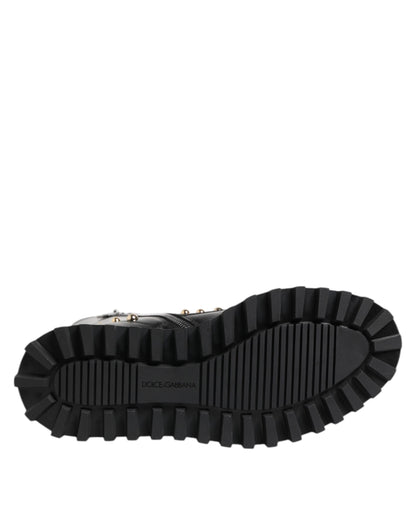 Dolce & Gabbana Black Studded Lace Up Mid Calf Boots Shoes