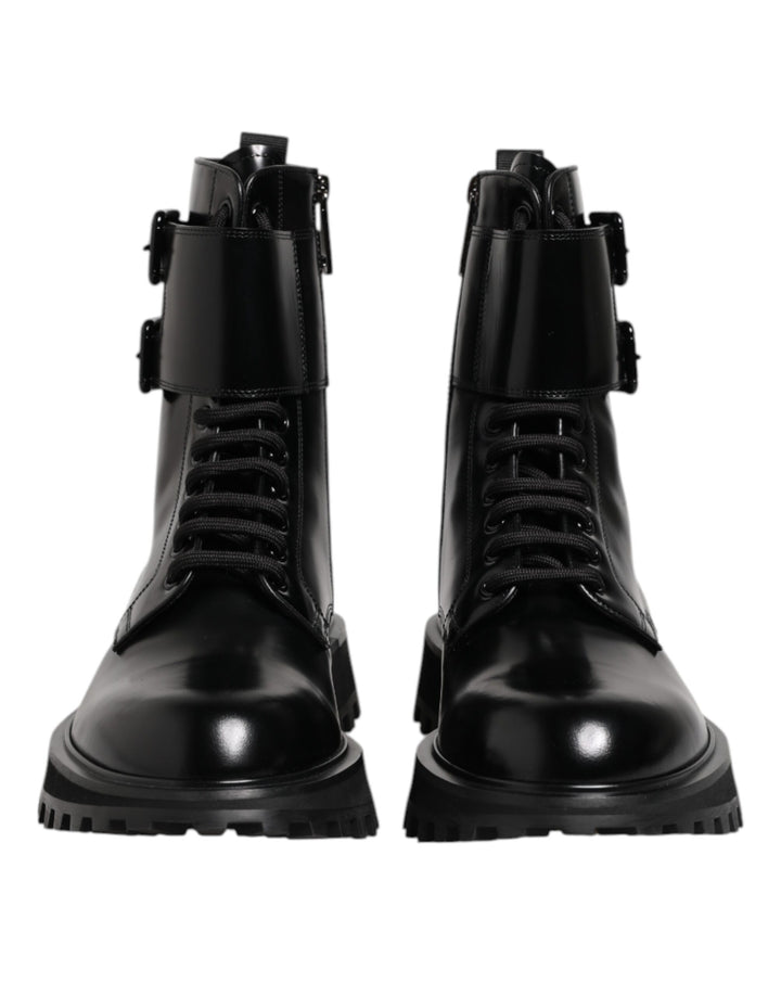 Bottes mi-mollet en cuir noir à lacets Dolce & Gabbana