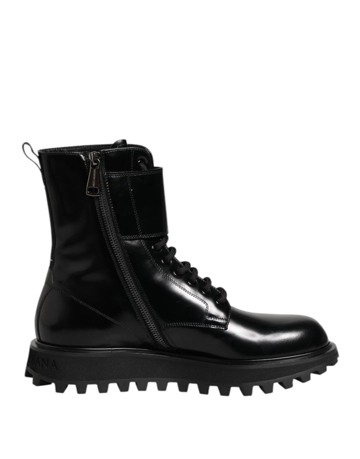 Bottes mi-mollet en cuir noir à lacets Dolce & Gabbana