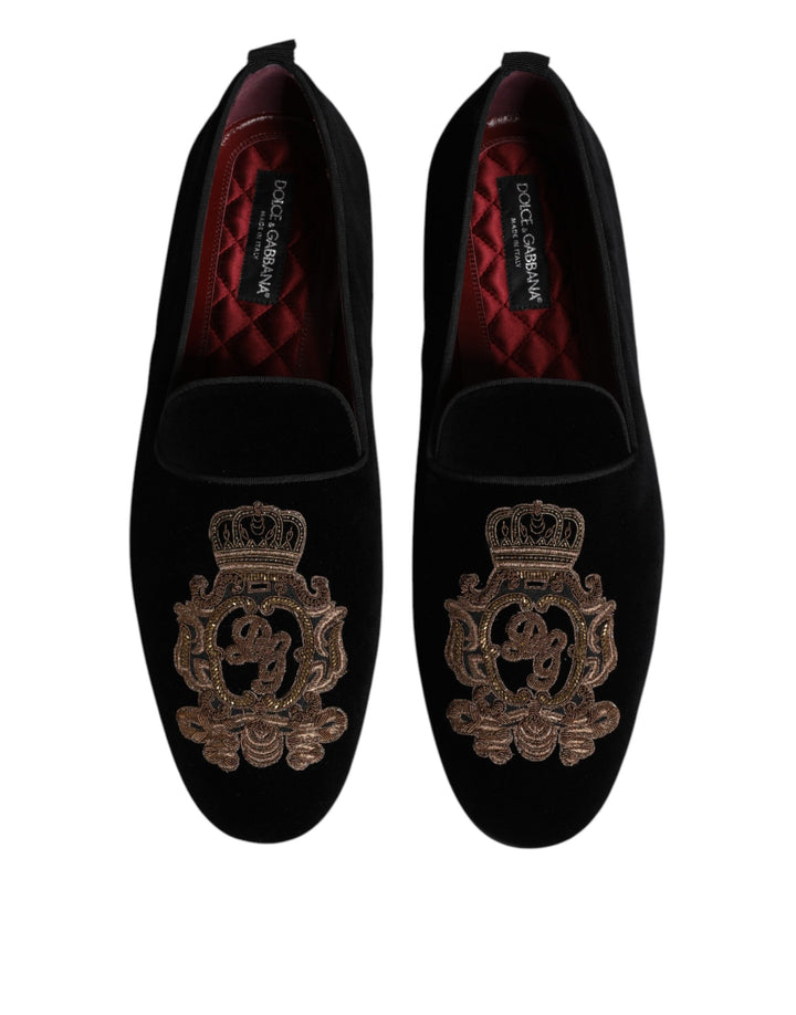 Dolce & Gabbana Black Velvet Gold Crown Mens Loafers Shoes