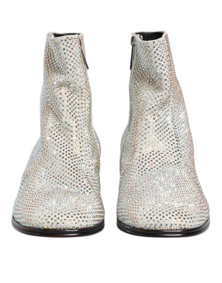Dolce & Gabbana Bottines Blanches en Strass à Talon avec Logo DG