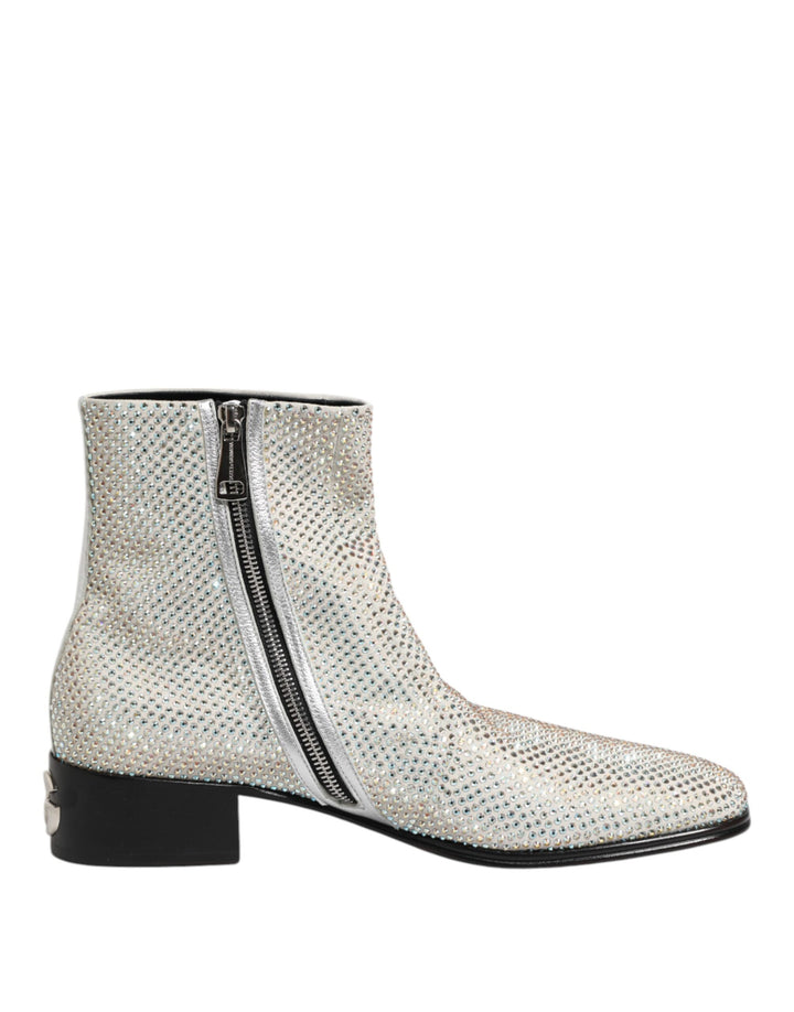 Dolce & Gabbana Bottines Blanches en Strass à Talon avec Logo DG