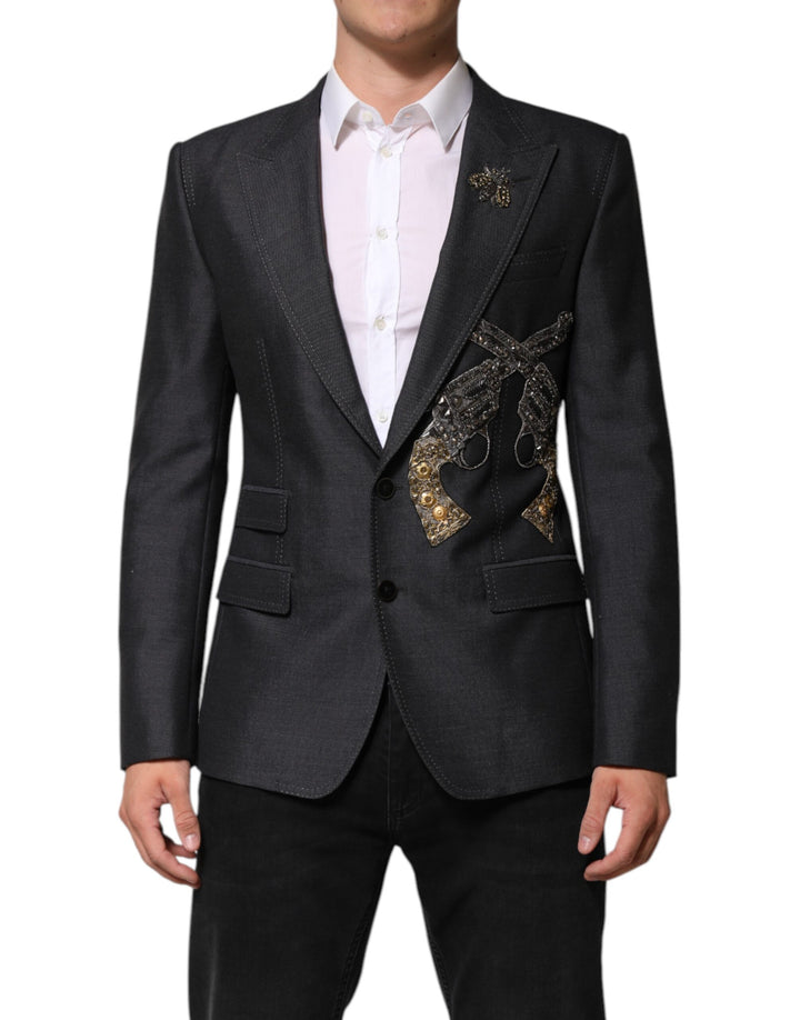 Dolce & Gabbana Abrigo Blazer de Lana Gris Oscuro con Bordado de Abeja
