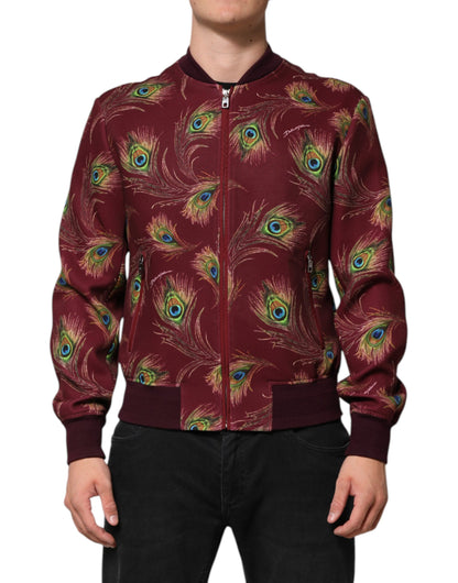 Chaqueta Bomber Dolce & Gabbana con Estampado de Plumas de Pavo Real Granate