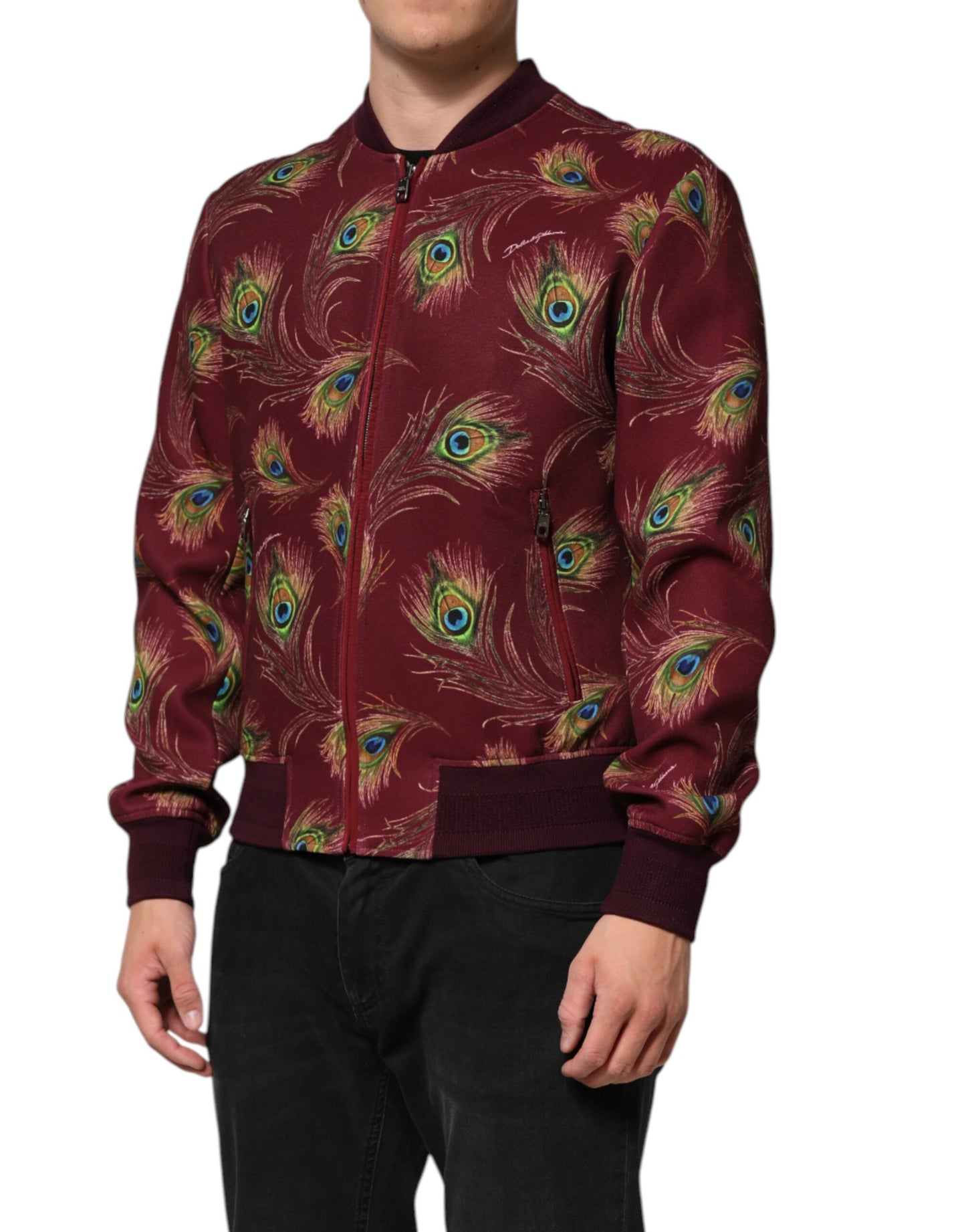 Chaqueta Bomber Dolce & Gabbana con Estampado de Plumas de Pavo Real Granate