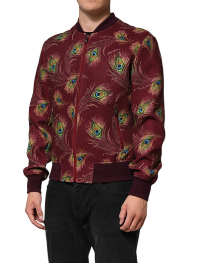 Chaqueta Bomber Dolce & Gabbana con Estampado de Plumas de Pavo Real Granate