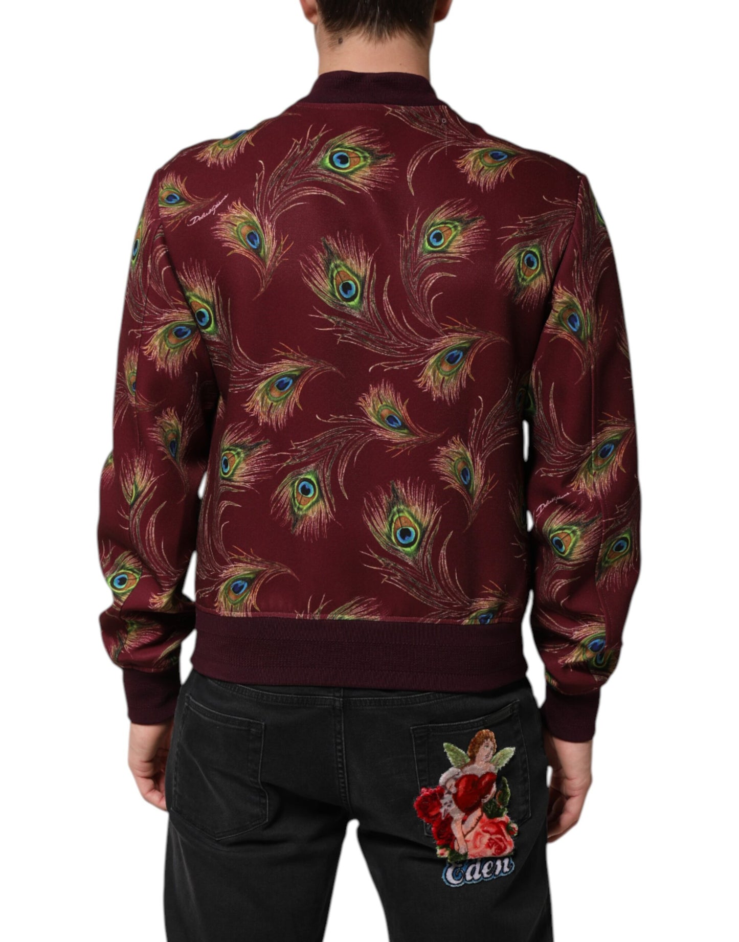 Chaqueta Bomber Dolce & Gabbana con Estampado de Plumas de Pavo Real Granate