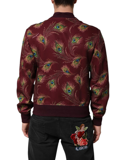 Chaqueta Bomber Dolce & Gabbana con Estampado de Plumas de Pavo Real Granate