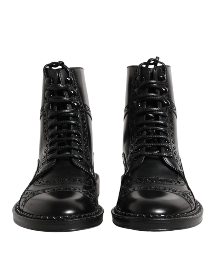 Bottes mi-mollet en cuir noir à lacets Dolce & Gabbana