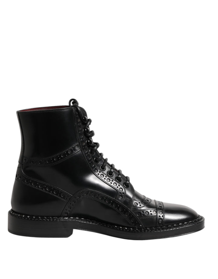Bottes mi-mollet en cuir noir à lacets Dolce & Gabbana