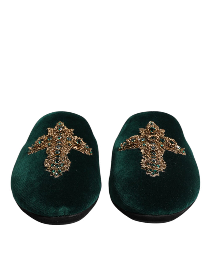 Chaussures mules en velours vert Dolce & Gabbana ornées d'une croix