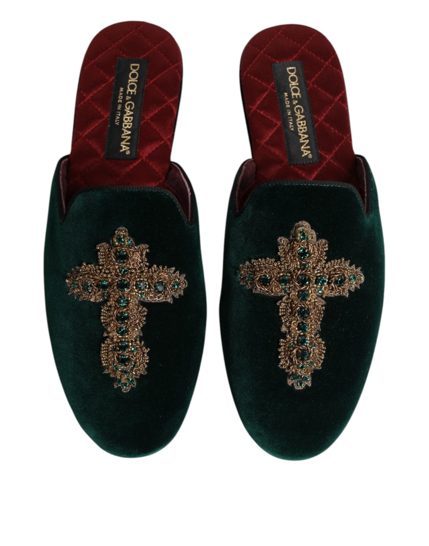 Chaussures mules en velours vert Dolce & Gabbana ornées d'une croix