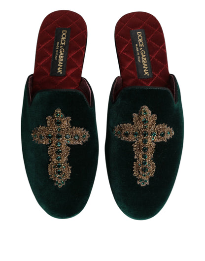 Chaussures mules en velours vert Dolce & Gabbana ornées d'une croix