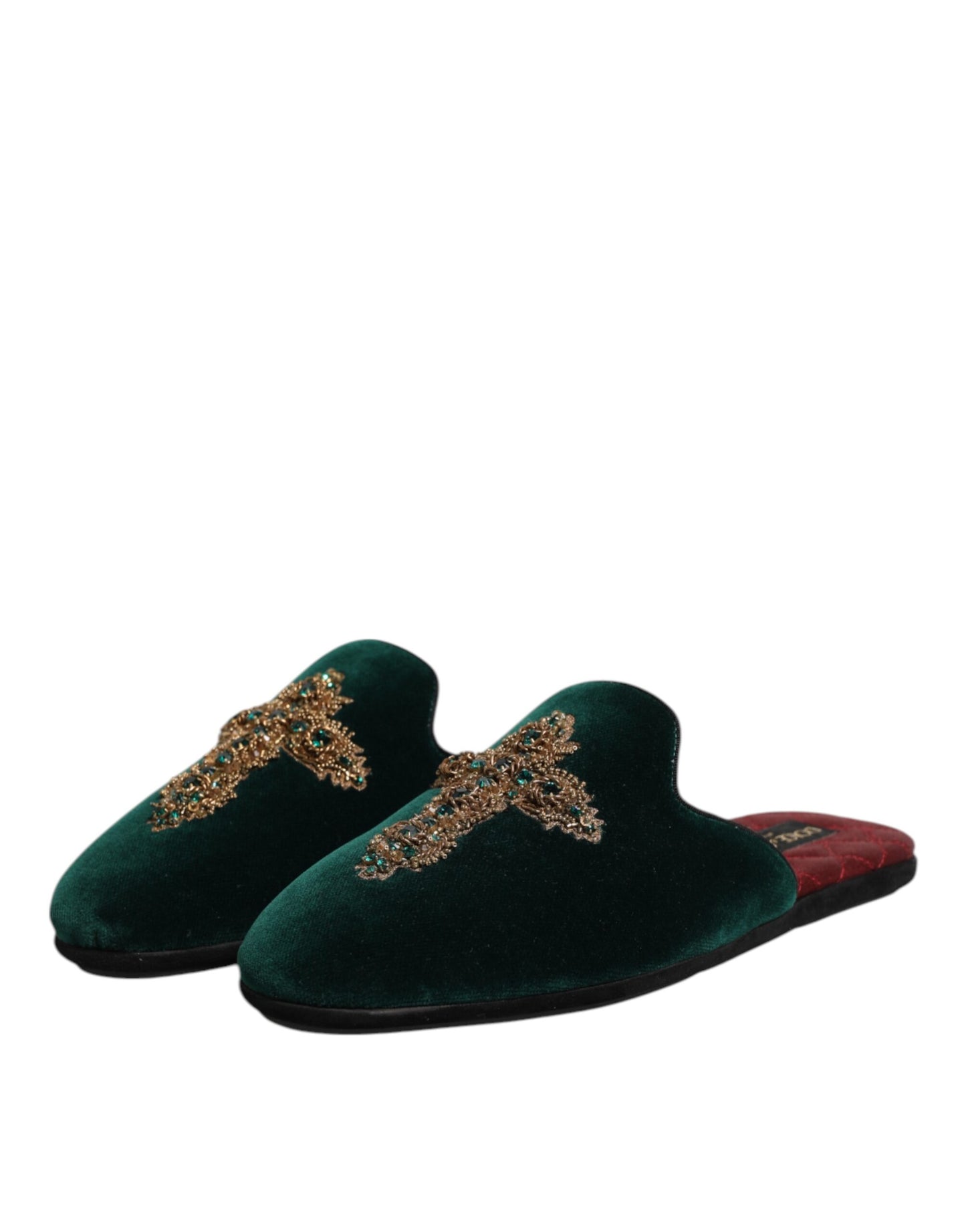Chaussures mules en velours vert Dolce & Gabbana ornées d'une croix