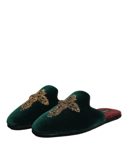 Chaussures mules en velours vert Dolce & Gabbana ornées d'une croix