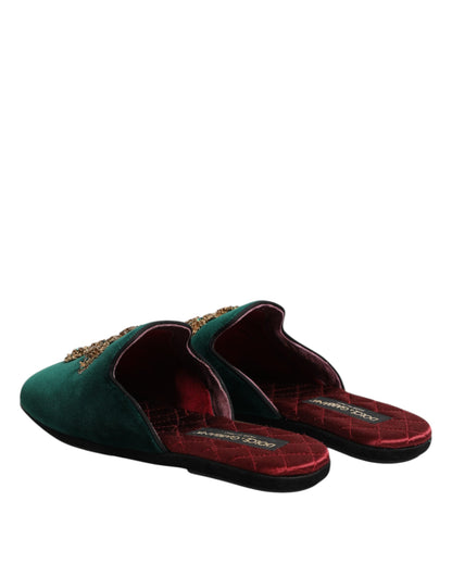 Chaussures mules en velours vert Dolce & Gabbana ornées d'une croix