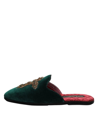Chaussures mules en velours vert Dolce & Gabbana ornées d'une croix