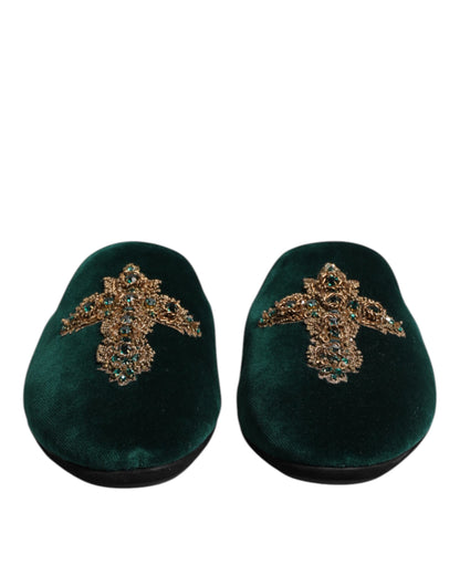 Chaussures mules en velours vert Dolce & Gabbana ornées d'une croix