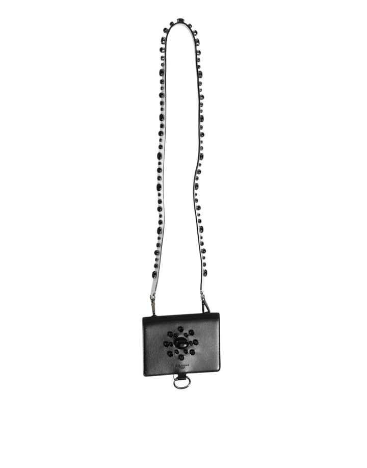 Dolce & Gabbana Black Leather Crystal Embellished Card Holder Wallet