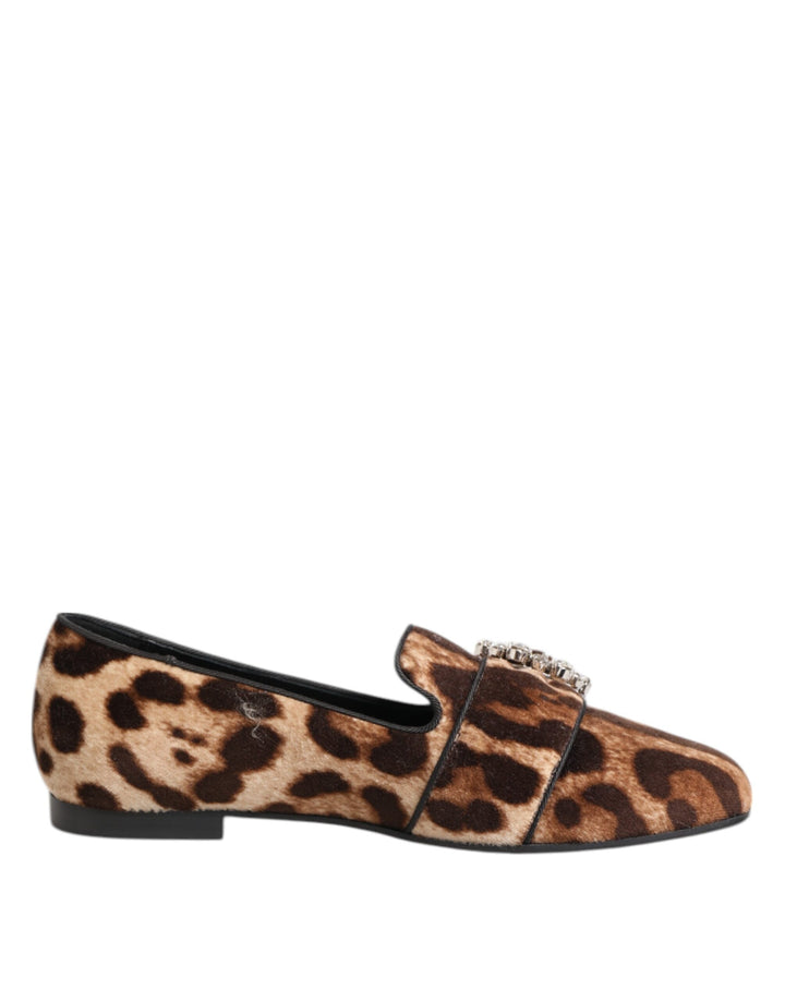 Dolce & Gabbana Zapatos Planos Mocasines Marrón Estampado Leopardo con Cristales