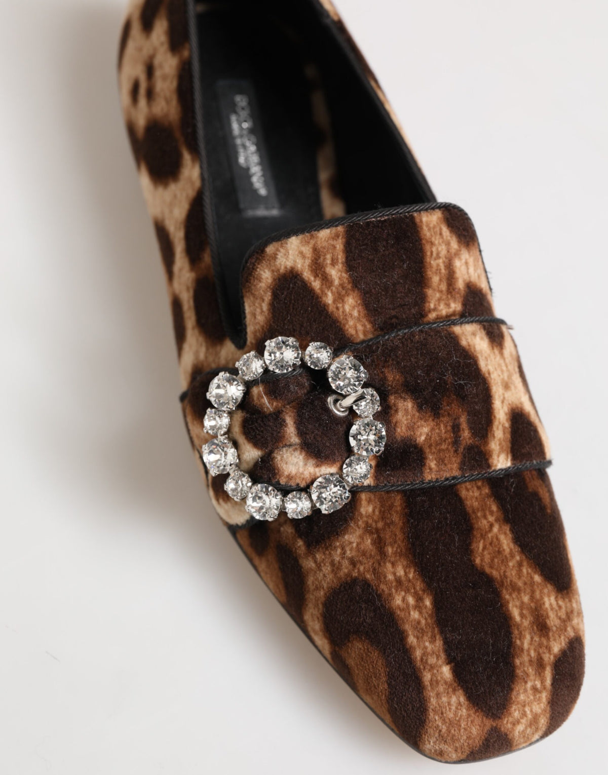 Dolce & Gabbana Zapatos Planos Mocasines Marrón Estampado Leopardo con Cristales