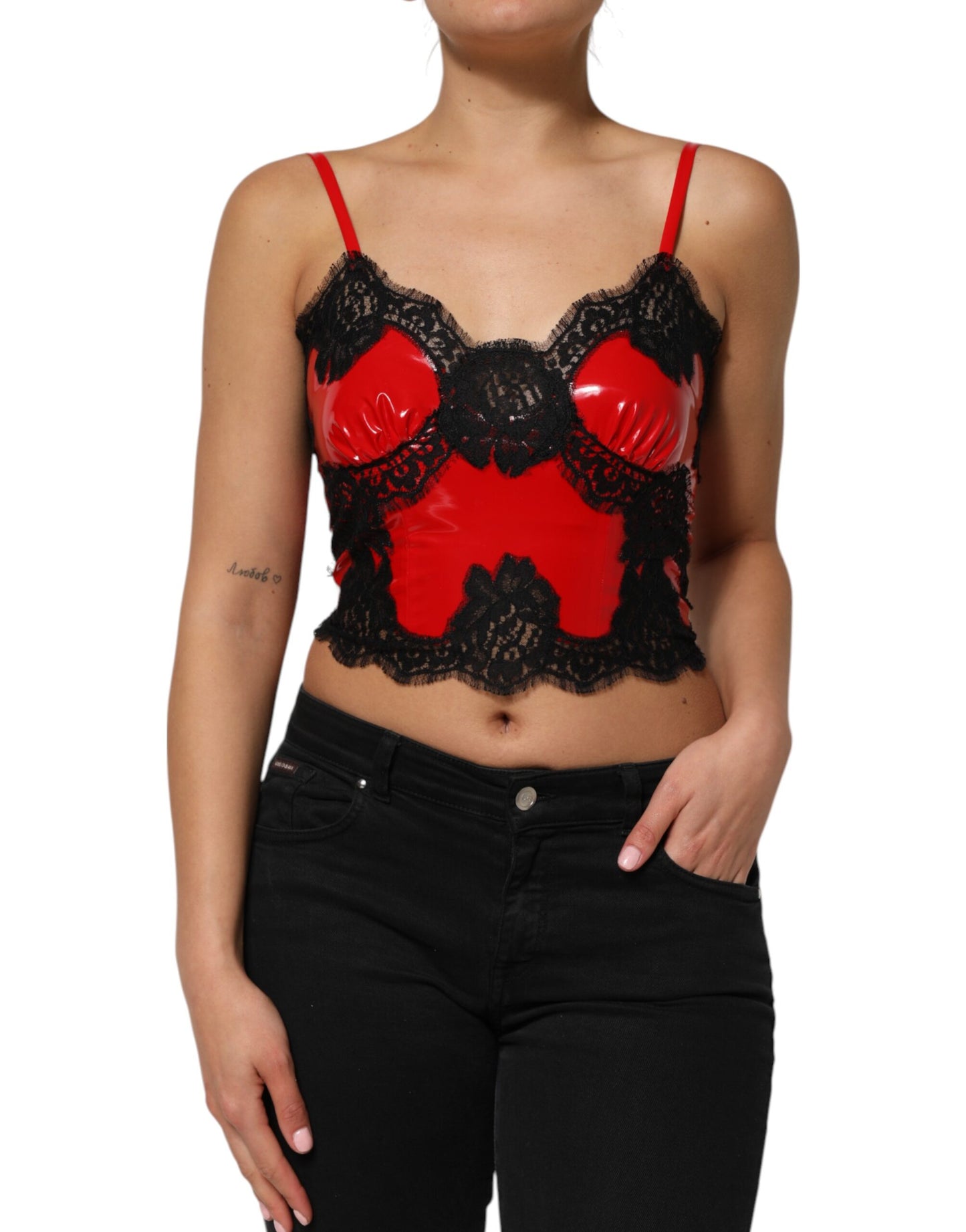 Débardeur sans manches en polyester rouge et noir à liseré en dentelle Dolce & Gabbana