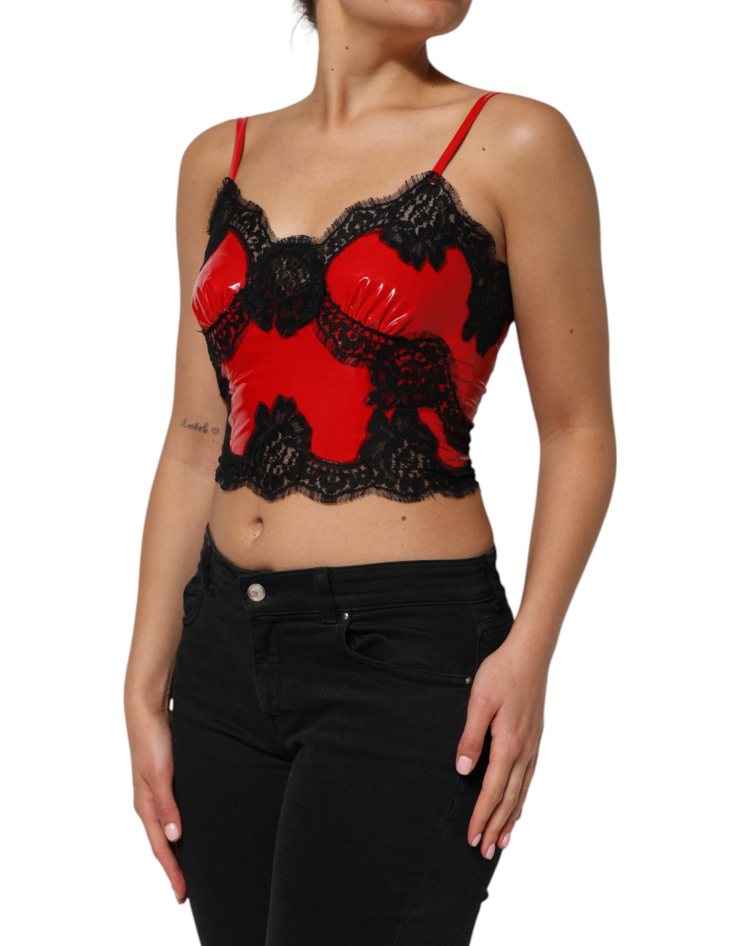 Débardeur sans manches en polyester rouge et noir à liseré en dentelle Dolce & Gabbana