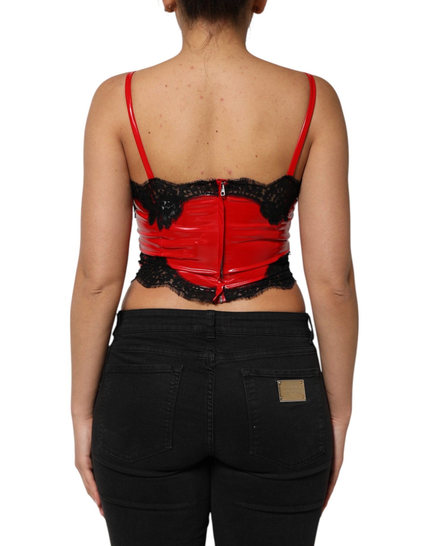 Débardeur sans manches en polyester rouge et noir à liseré en dentelle Dolce & Gabbana