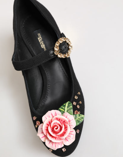 Chaussures Mary Jane ornées de cristaux et de fleurs noires Dolce & Gabbana