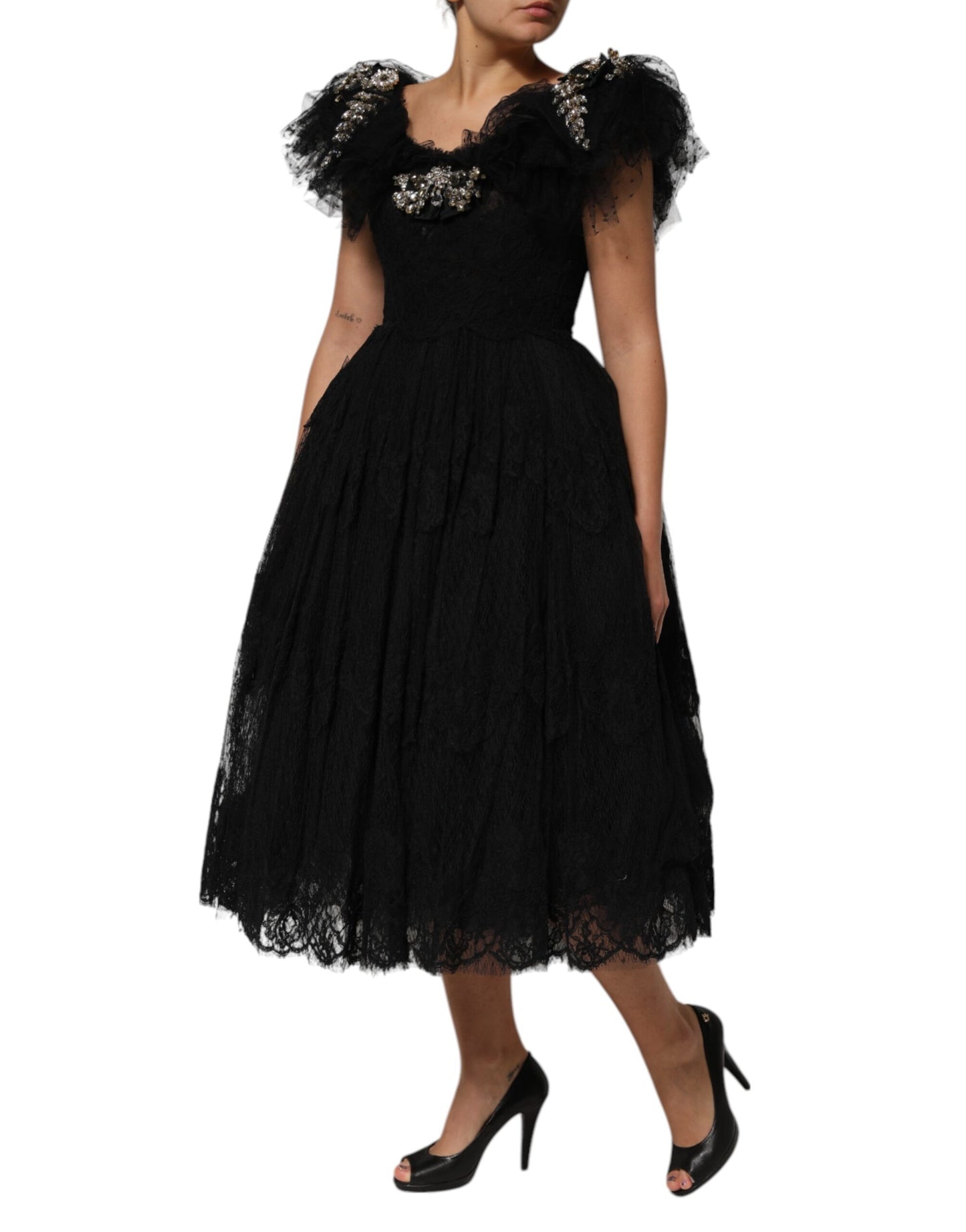 Dolce & Gabbana Black Crystal Embellished Midi A-line Dress