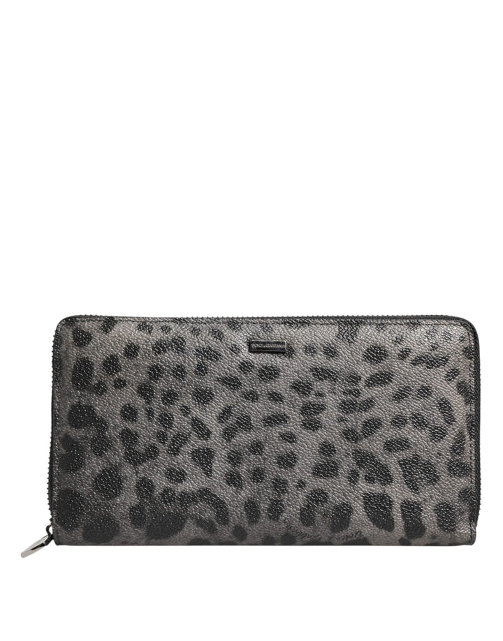 Billetera continental Dolce & Gabbana de piel de leopardo negra y gris con cremallera perimetral